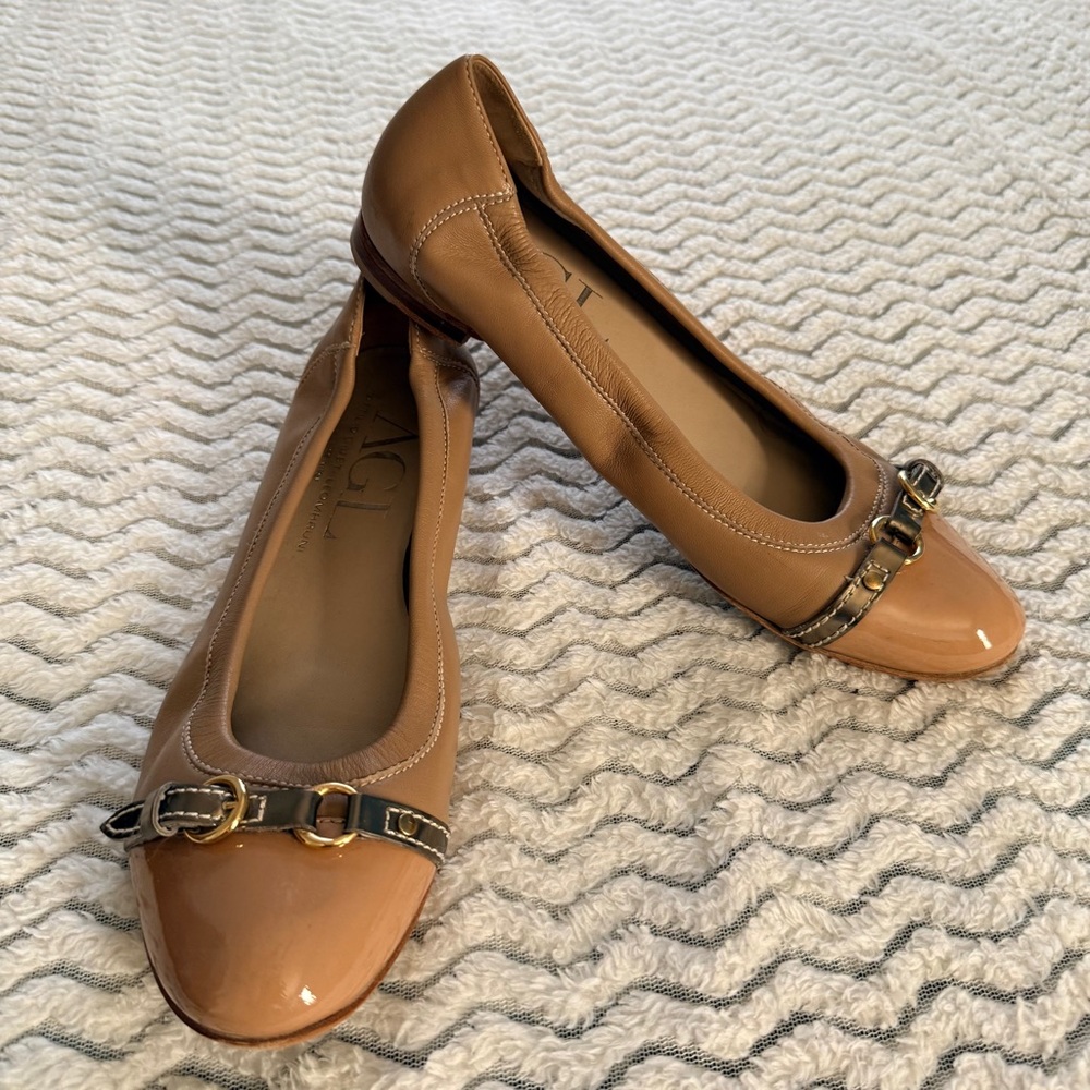 AGL Attilio Giusti Leombruni Tan Leather Cap Toe Ballet Flats Shoes Sz 39.5